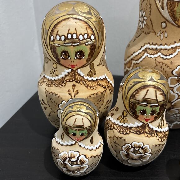 Vintage Russian Matryoshka Nesting Dolls Set Of 10 Wooden Hand Signed Burnt - Picture 4 of 12